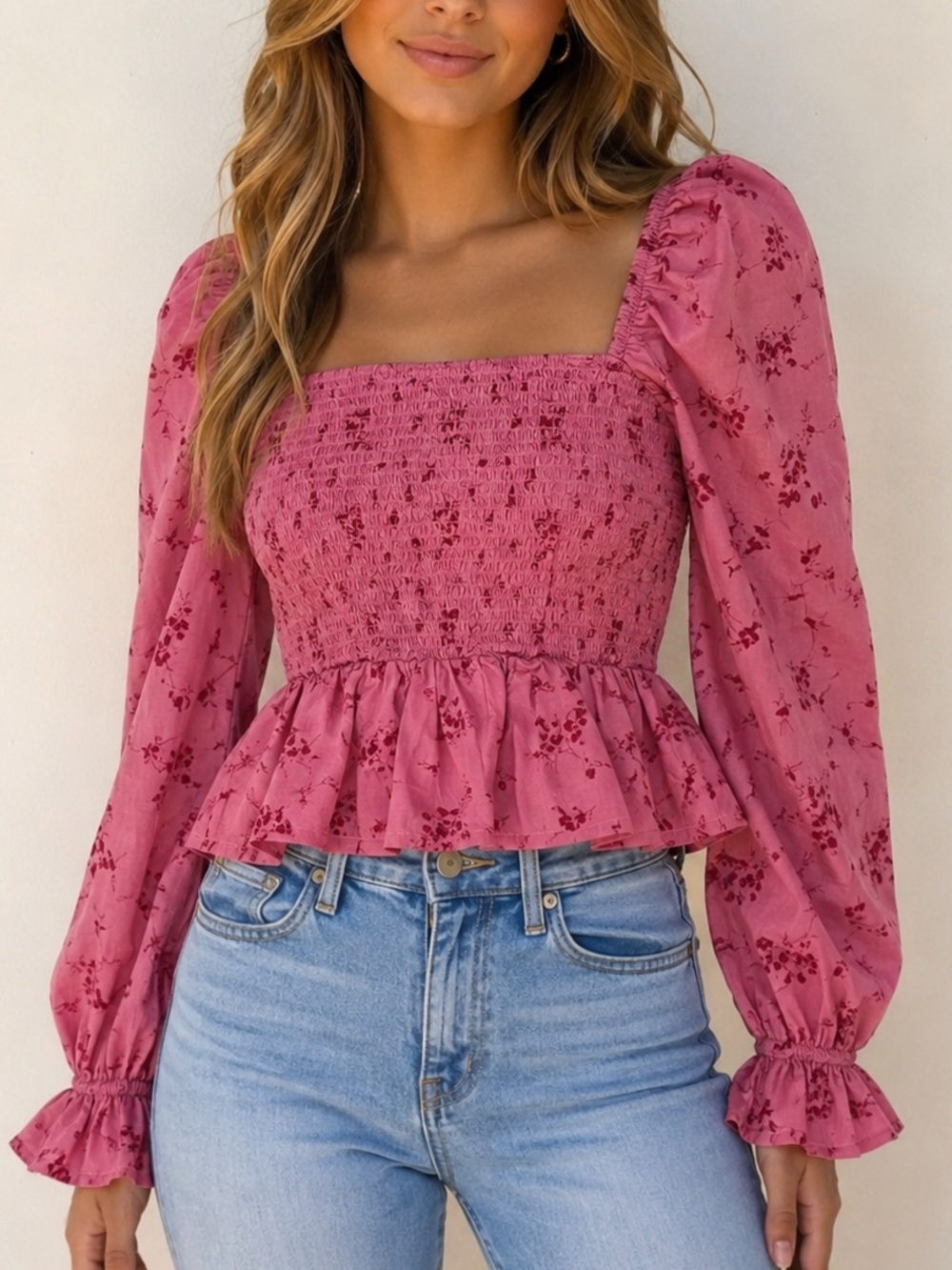 Dizzy Lizzy Pink Floral Smocked Peplum Blouse Puff Sleeve Cotton Size Small